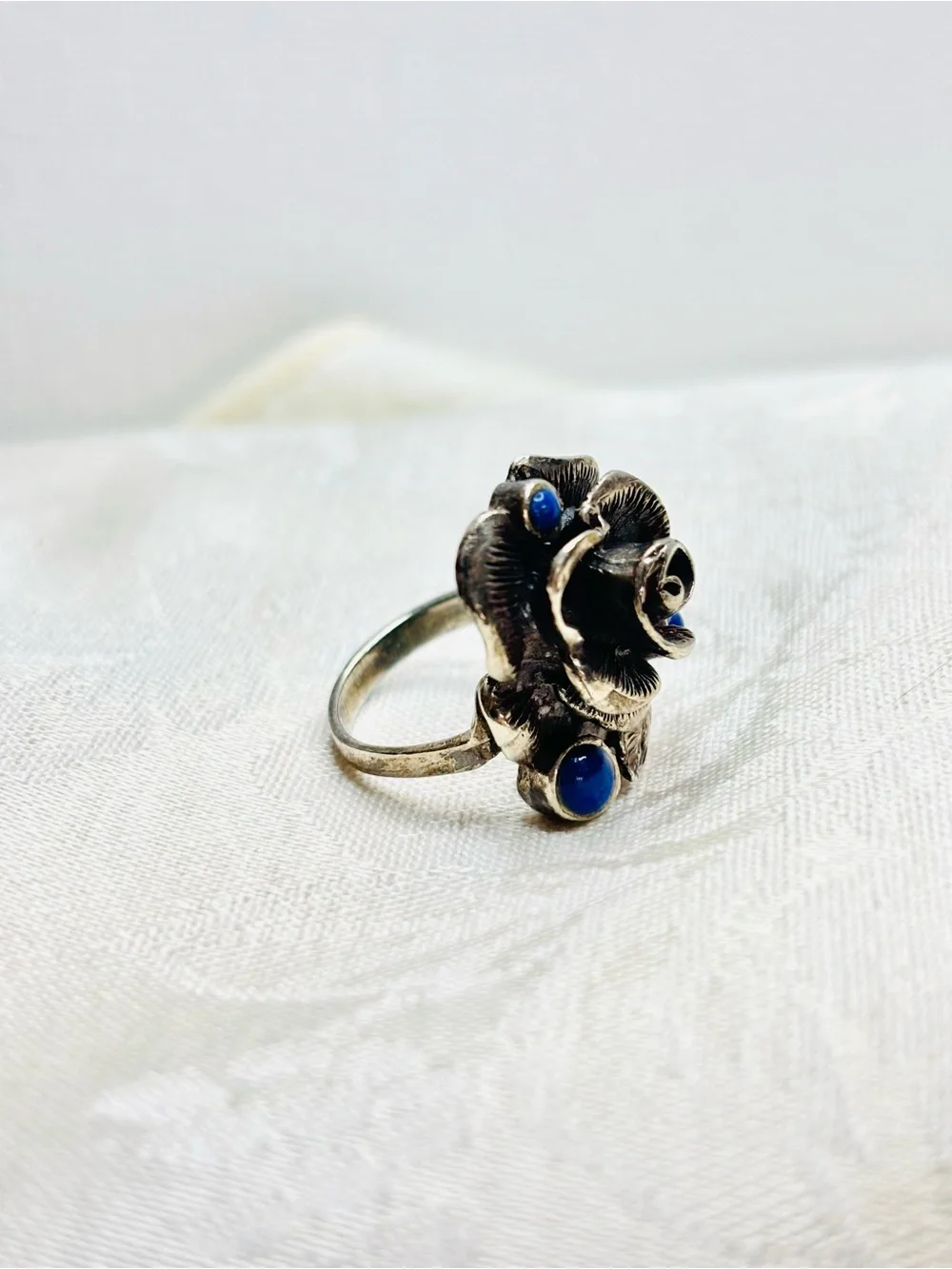 Vintage Sterling Silver Lapis Lazuli Rose Ring Size 5.5